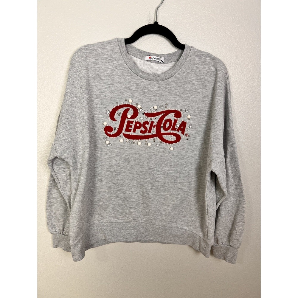 Womens Gray Sweatshirt Pepsi Size‎ Large Beaded Gems Long Sleeve